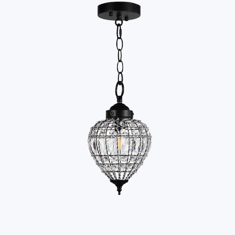 Matte Black Beaded Clear Crystal 1 Light Island Pendant 9" Chandelier - 7" Wide x 9" Height