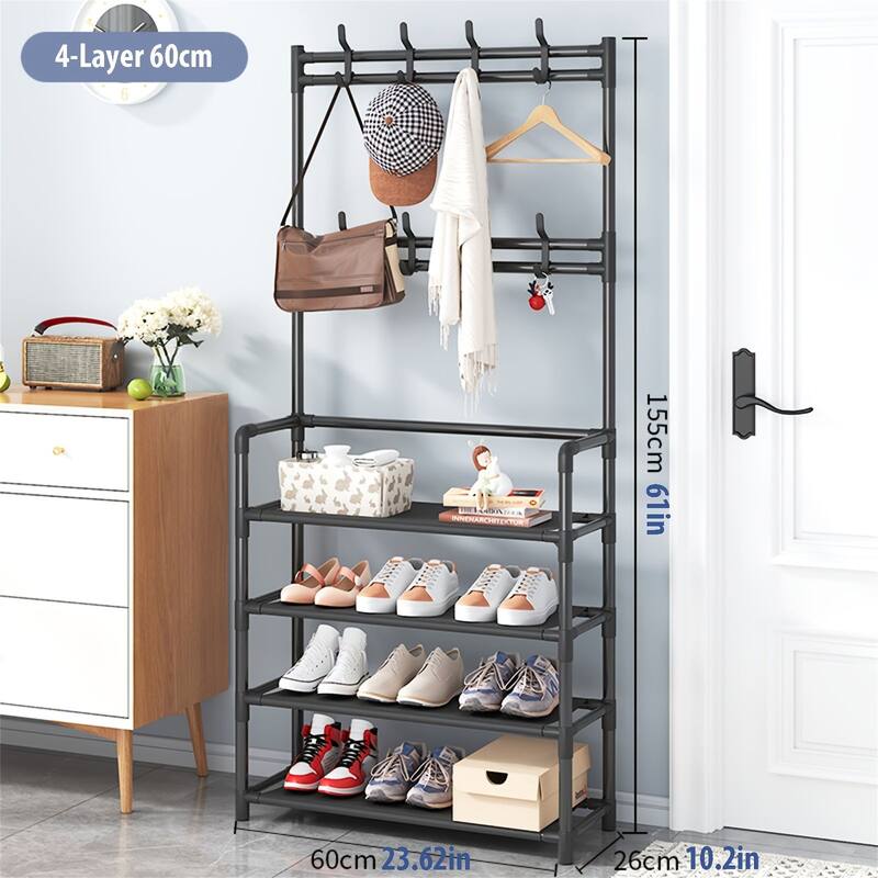 Multifunctional Storage Rack, 4-in-1 Self-Assembled Shoe Rack with Hooks - 4 floors-60cm wide