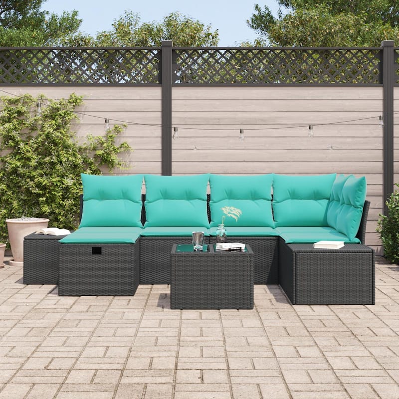 vidaXL 6/7 Garden Sofa Set with Cushions Black/Brown/Grey Poly Rattan - 103.9 x 60.6 x 27.2