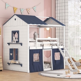 Elegant Full Size Bunk Wooden House Kids Bed with Windows, Sills and Tent,Playhouse Design