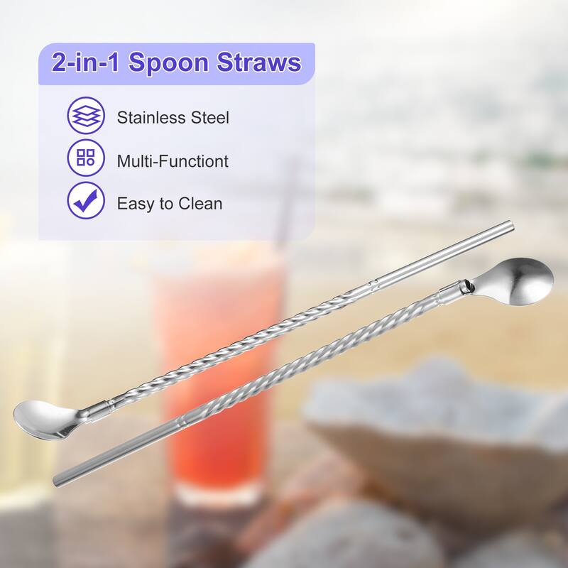 4Pcs 8.6" Stainless Steel Spoons Straws Reusable Twist Handle Spoon