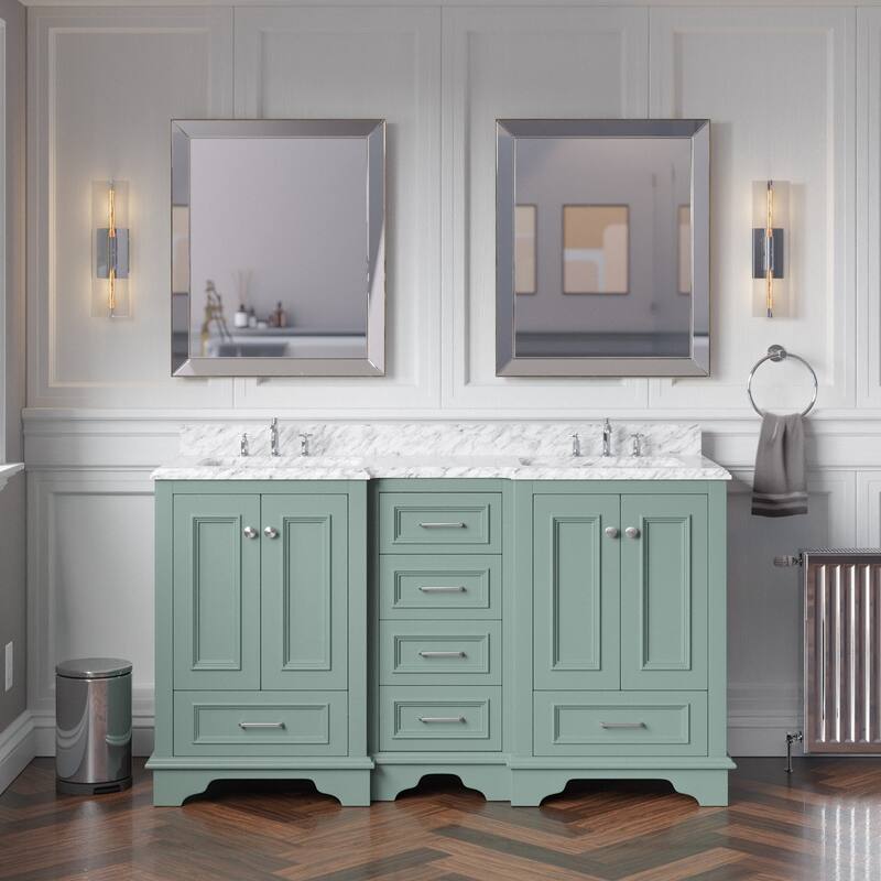 KitchenBathCollection Nantucket 60" Double Bathroom Vanity with Carrara Marble Top - Sage Green