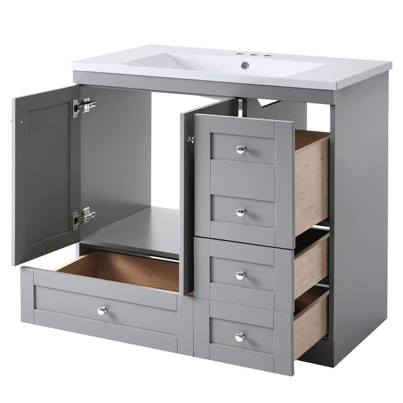 36" Shaker Style Free-Standing Bathroom Vanity Cabinet with Sink, 4 Soft-close Drawers and 2 Soft-close doors