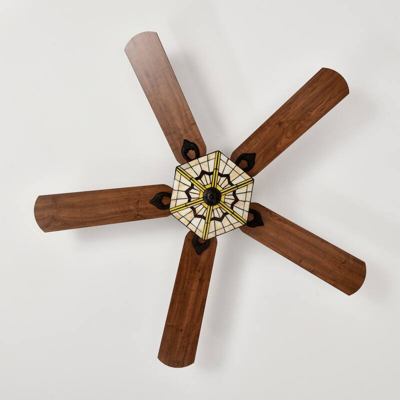 Lymelyn 52-Inch Flushmount Lighted Ceiling Fan Ivory Geometric Tiffany Glass Lamp Black Finish