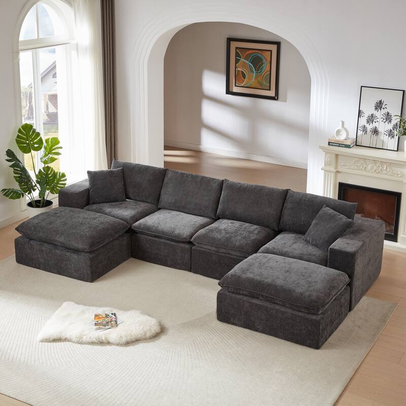 U-Shaped Sectional Sofa with 2 Ottomans, Oversized Chenille Upholstered Cloud Sofa, Deep Seat Sofa with Pillows