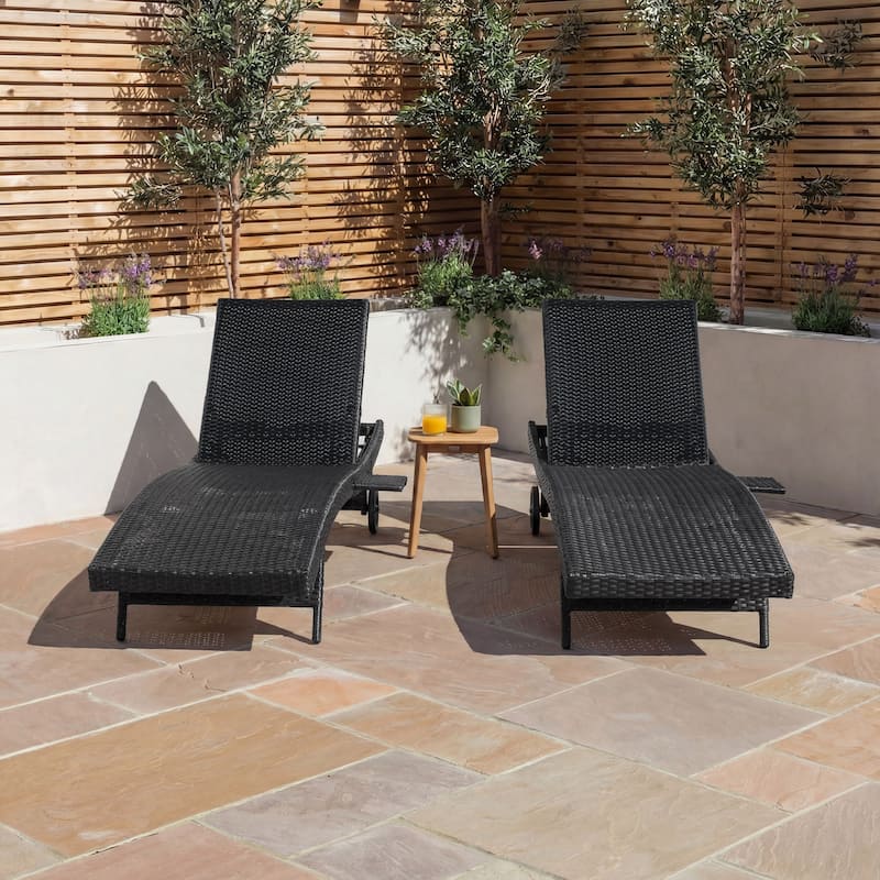 80"Patio Chaise Lounge Chairs Set of 2, Rattan Reclining Chair w/Rolling Wheels & Pull-out Side Table, Adjustable Backrest
