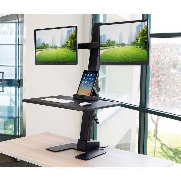 Mount It Electric Standing Desk Converter Motorized Sit Stand Desk With Dual Monitor Mount And Iphone Tablet Slot Overstock 26170079
