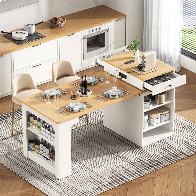 Kitchen Island with Dining Table for Extends to 41.8", Rolling Kitchen Island with 2 Drawers, Power Outlet & Side Open Shelves