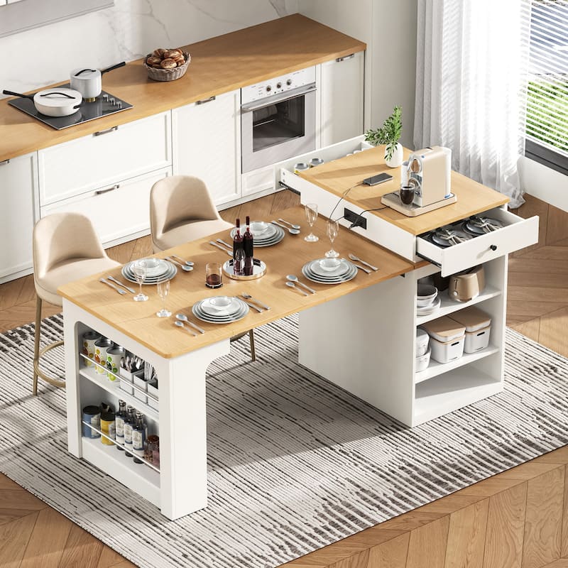 Kitchen Island with Extendable Dining Table, Kitchen Storage Table with 2 Drawers, Power Outlet, Open Shelves, for Diningroom - White