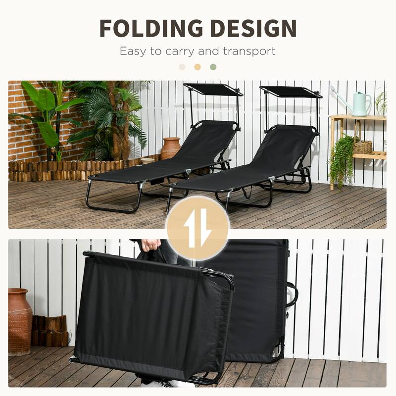 Outdoor Folding Chaise Lounge Pool Chairs with Canopy Shade, Reclining Back, Steel Frame and Side Pocket for Beach, Yard, Patio