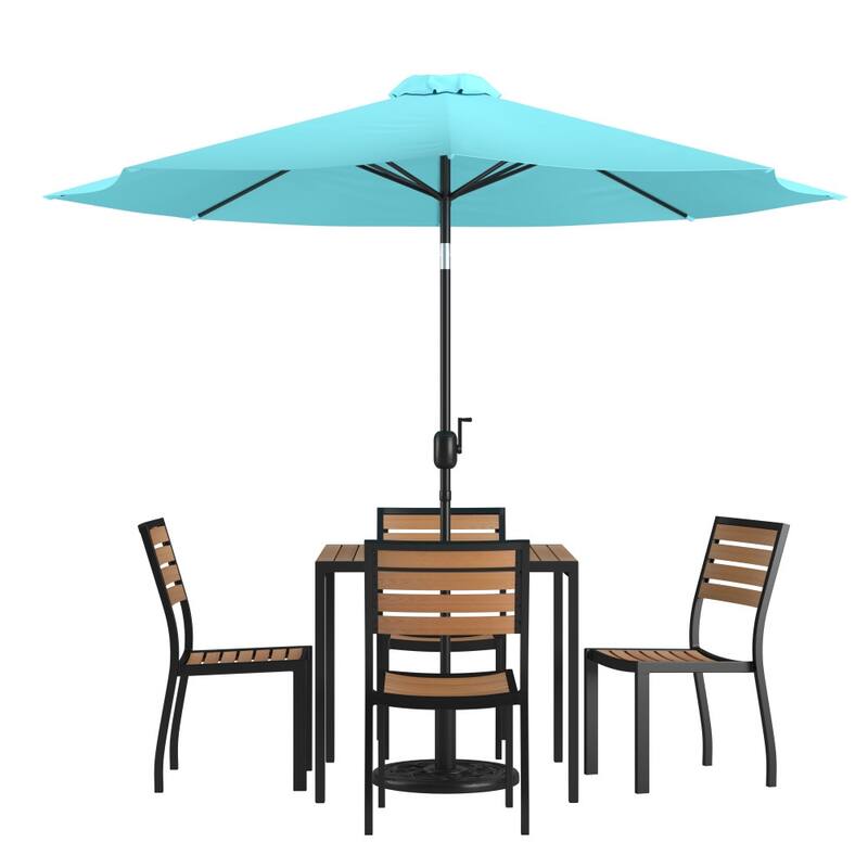 Faux Teak Patio Table, 4 Chairs & 9FT Patio Umbrella with Base