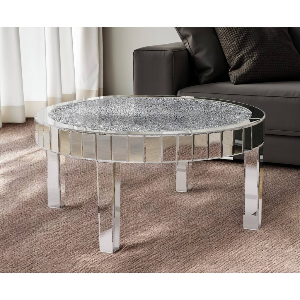 HomeRoots 31" Silver Mirrored Glass and Faux Crystal Round Coffee Table - 31.49' X '17.71' X '31.49