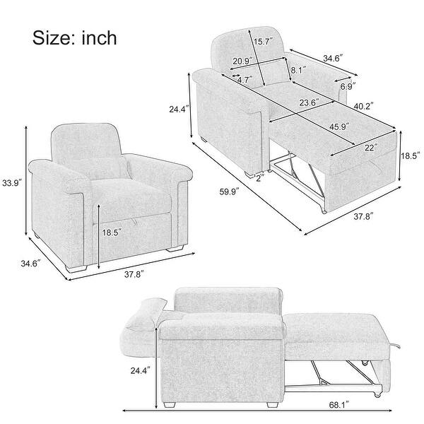 3 in 1 Convertible Sleeper Chair Sofa Bed Adjustable Pull Out Sofa Chair w/ Pillow Lounger Chair Single Bed for Livingroom, Gray