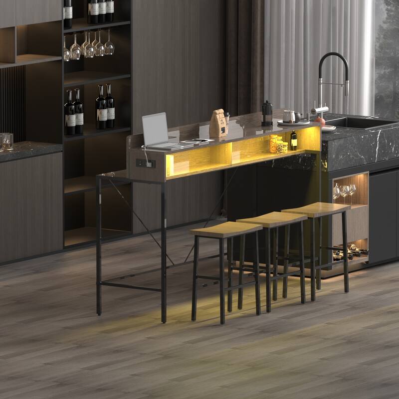 59 inch bar table, dining table, sofa table with power socket and LED light, 3 saddle stools, 4-piece bar table and chai