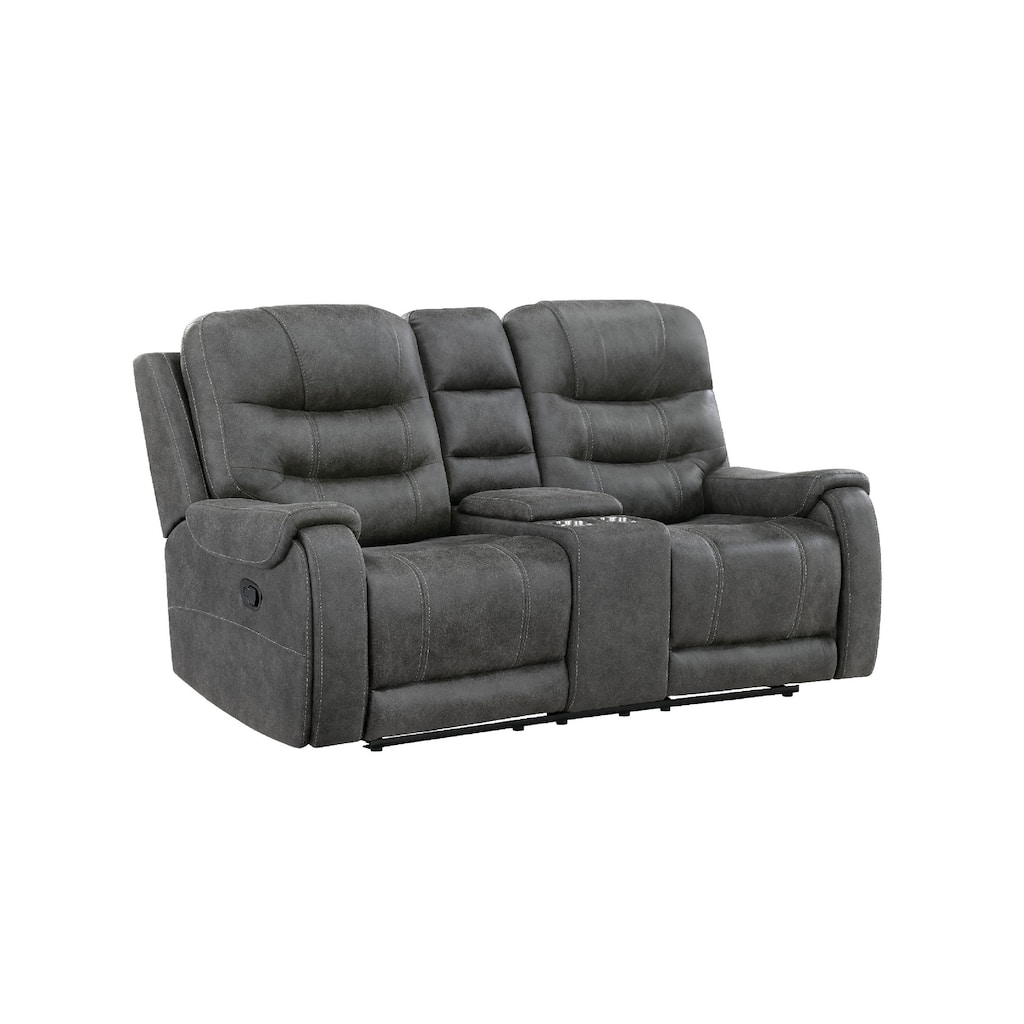 Erron Manual Reclining Loveseat w Console, Cupholders, Dark Gray Microfiber