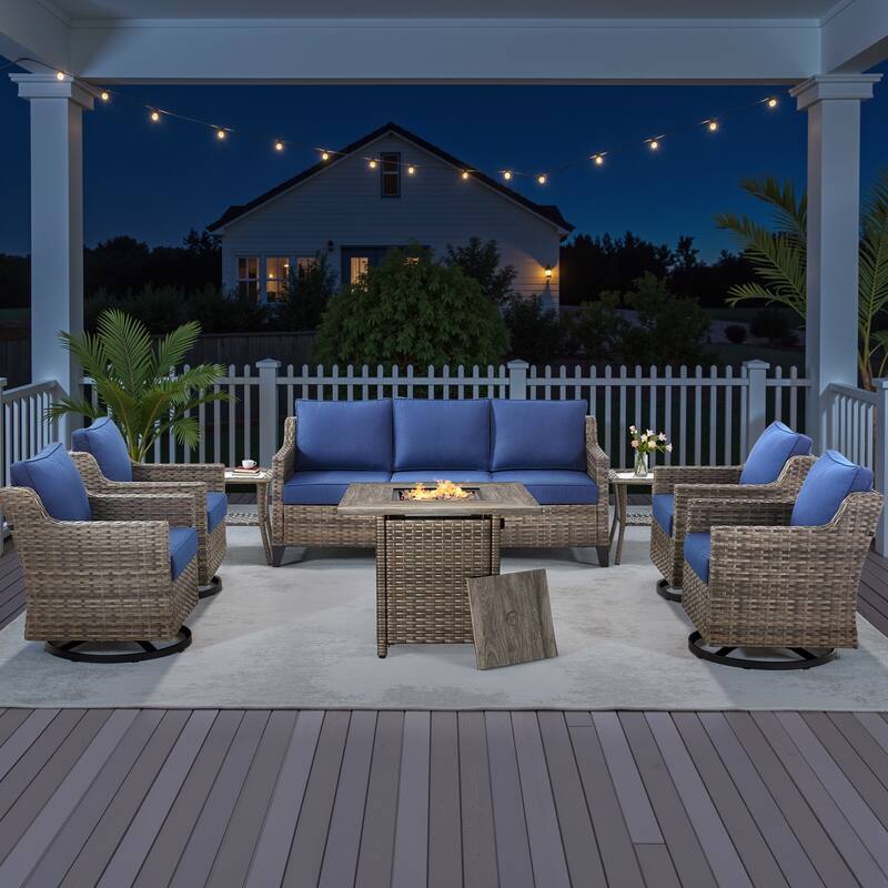 Pocassy 8-Piece Fire Pit Table w/ Sofa Swivel Chair - Blue Cushion Gray Wicker - 8-Piece Fire Pit Table w/ Sofa Swivel Chair