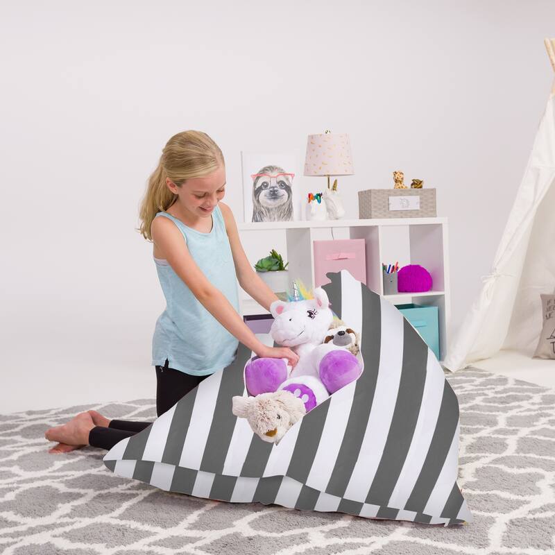 Stuffie Animal Storage Bean Bag Chair Cover, Room Organizer - 200 Liter Capacity Large - Canvas Stripes Gray and White