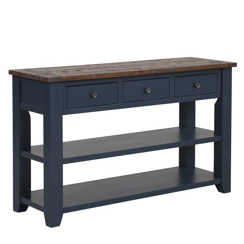 48'' Solid Pine Wood Top Console Table, Modern Entryway Sofa Side Table with 3 Storage Drawers and 2 Shelves. Easy to Assemble