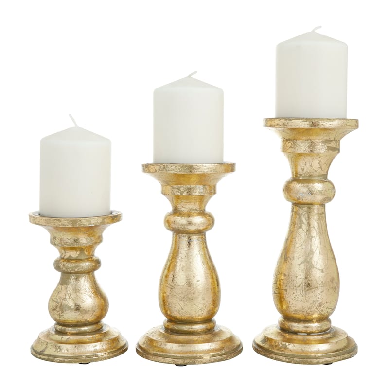 Mango Wood Turned Style Pillar Candle Holder (Set of 3) - Black, White or Gold - S/3 10", 8", 6"H