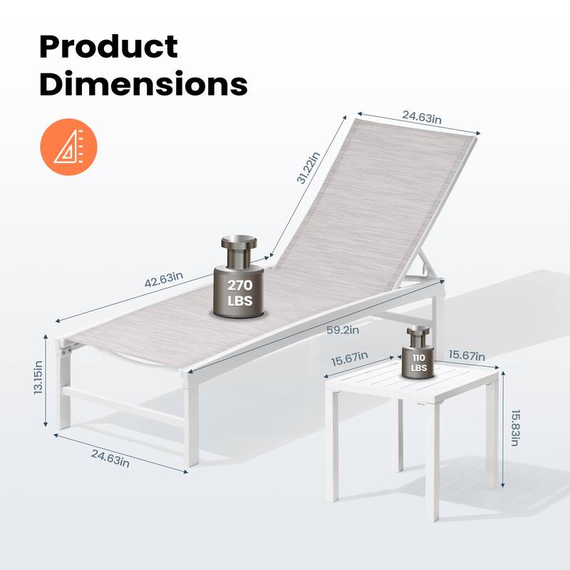 Pellebant Outdoor 3-piece Aluminum Adjustable Back Chaise Lounge with Side Table Set