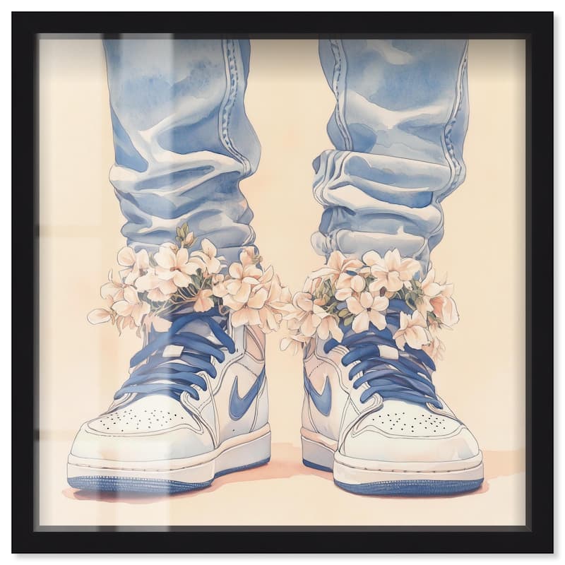 Gentle Blue Sneakers and Flowers Shadowbox by Art Remedy - Black - 12" x 12"