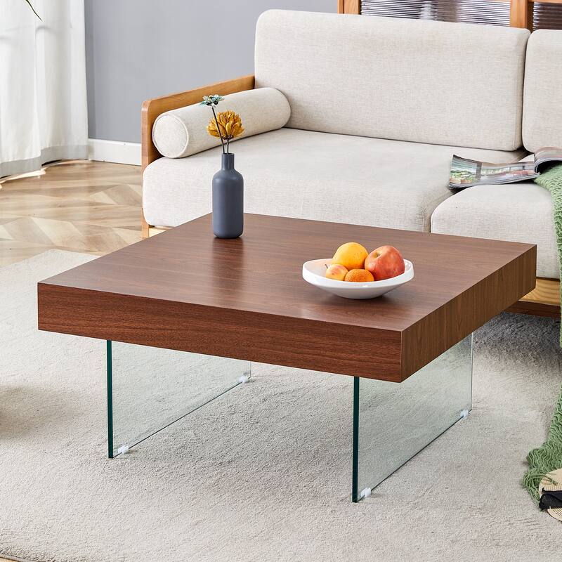 Square MDF Coffee Table - 31.5"x31.5" with Tempered Glass Legs.Density Board Sticker,Reinforced Glass Legs