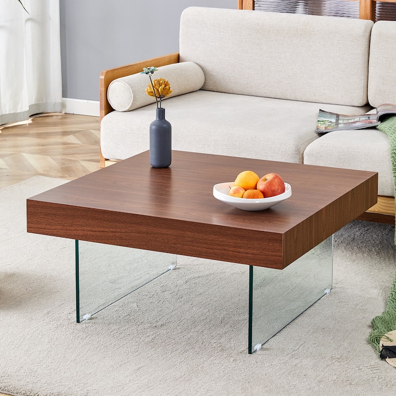 Walnut Colored Square Mdf Coffee Table - 31.5"X31.5"With Tempered Glass Legs.Density Board Sticker,Reinforced Glass Legs - Transparent,Walnut