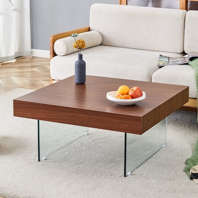Walnut Colored Square Mdf Coffee Table - 31.5"X31.5"With Tempered Glass Legs.Density Board Sticker,Reinforced Glass Legs