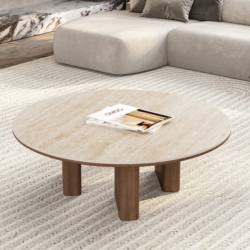 35.4'' Mid-Century Modern Round Coffee Table with Stone Countertop, Stain-Resistant Center Table for Living Room
