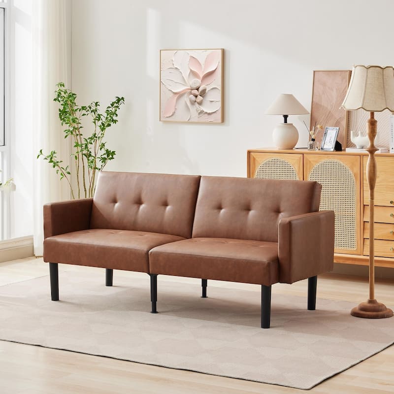 Futon Sofa Bed, Compact Loveseat, Modern Mid-Century Sleeper Sofa - Brown
