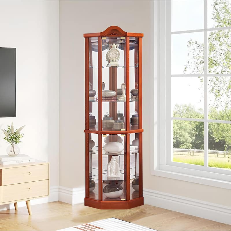 Roomfitters Wooden Corner Display Curio Cabinet, Lighted China Cabinet with Tempered Glass Door