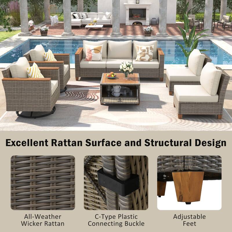 8-Piece Wicker Outdoor Patio Furniture Set with Acacia Storage Table