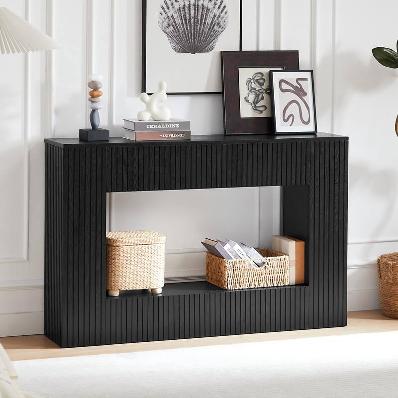 55" Modern Slatted Console Table for Living Room or Hallway - Black