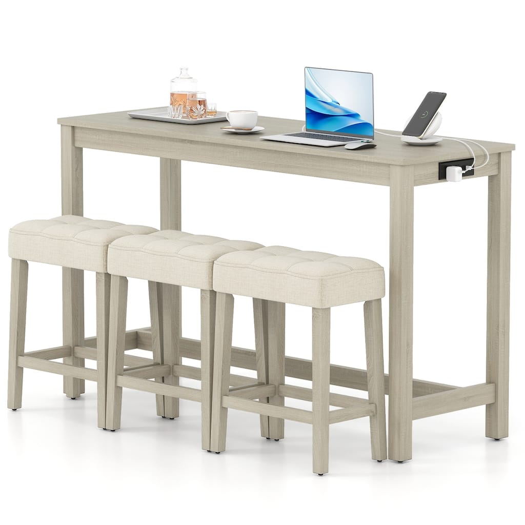 Gymax 4PCS Bar Table Set w/Charging Station 3 Padded Stools for Living