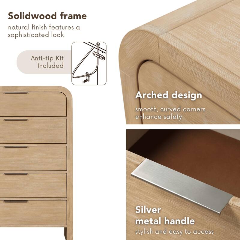 Furniture of America Elowyn Modern Natural Solid Wood 5-Drawer Storage Chest
