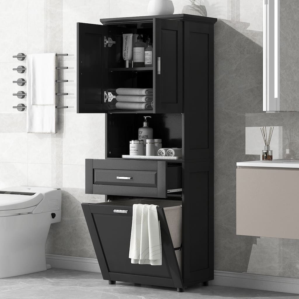 Roomfitters Tall Bathroom Cabinet with Tilt-Out Laundry Basket and Upper Storage Compartment Large Organizer