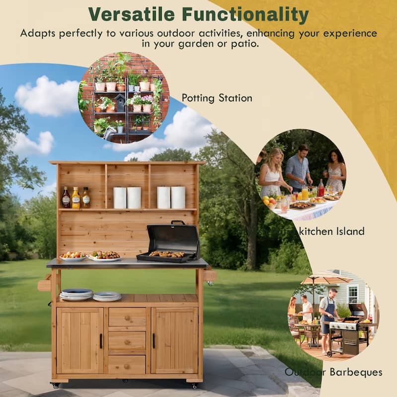 65''H Outdoor Potting Bench Garden Storage Table w/Lockable Wheels, Drawers, Cabinets & Side Hooks - N/A