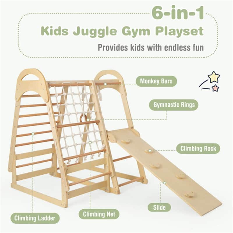 6-in-1 Indoor Kids Jungle Gym Playset with Slide and Climbing Ladder Monkey Bars and Tent - 45.5" x 42.5" x 50"