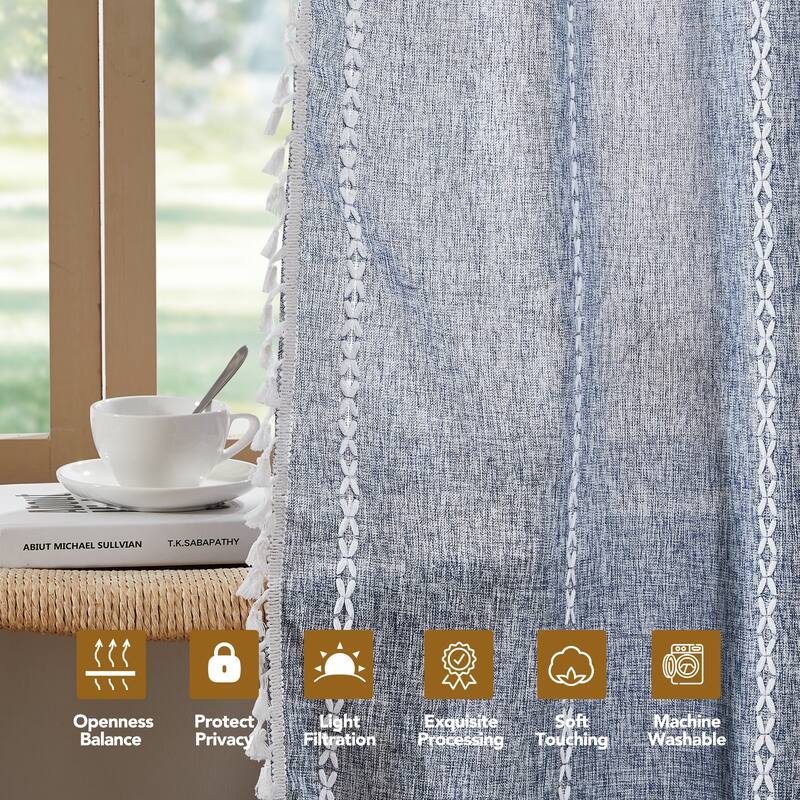Deconovo Boho Sheer Curtain with Tassels & Embroidery 1 Panel