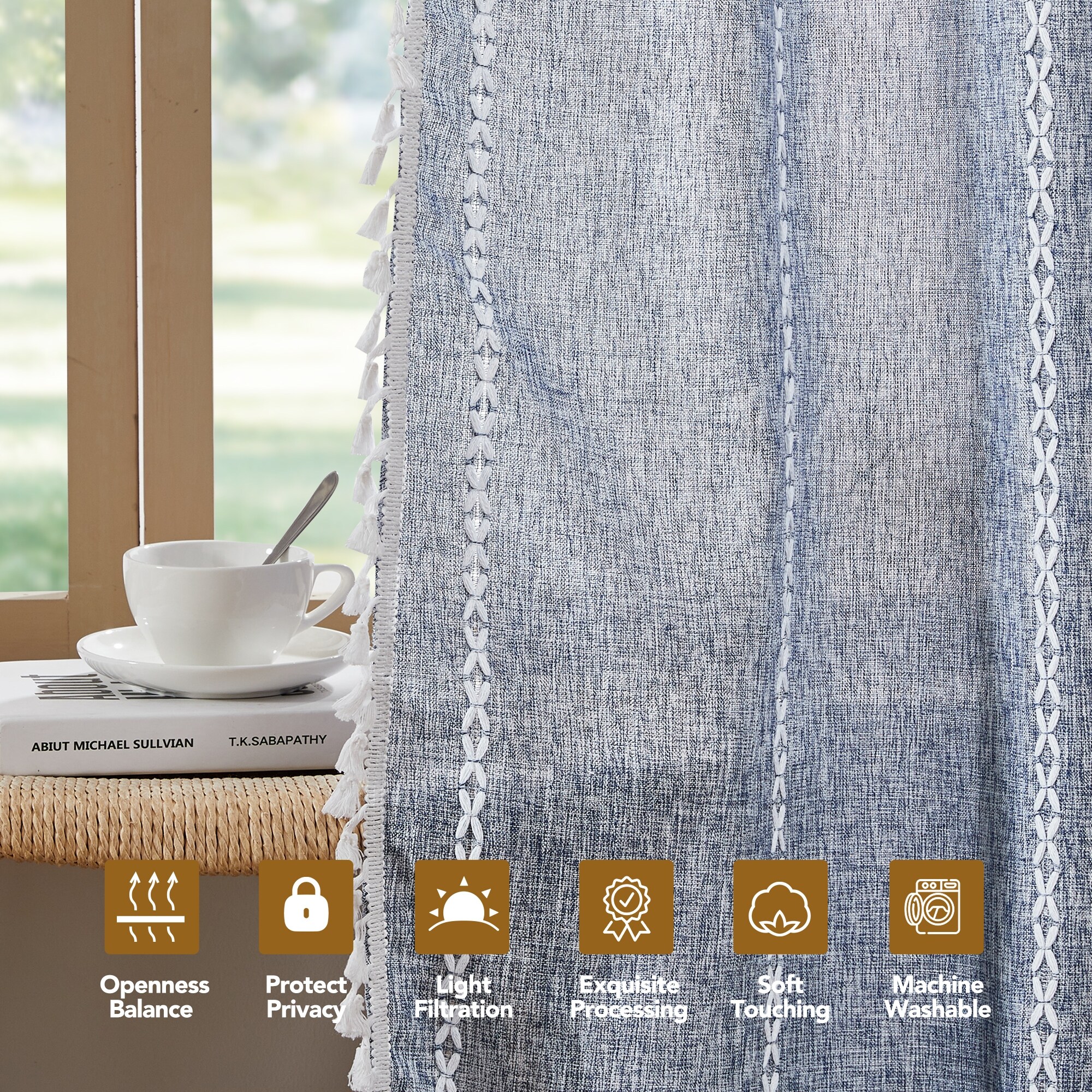 Deconovo Boho Sheer Curtain with Tassels & Embroidery 1 Panel
