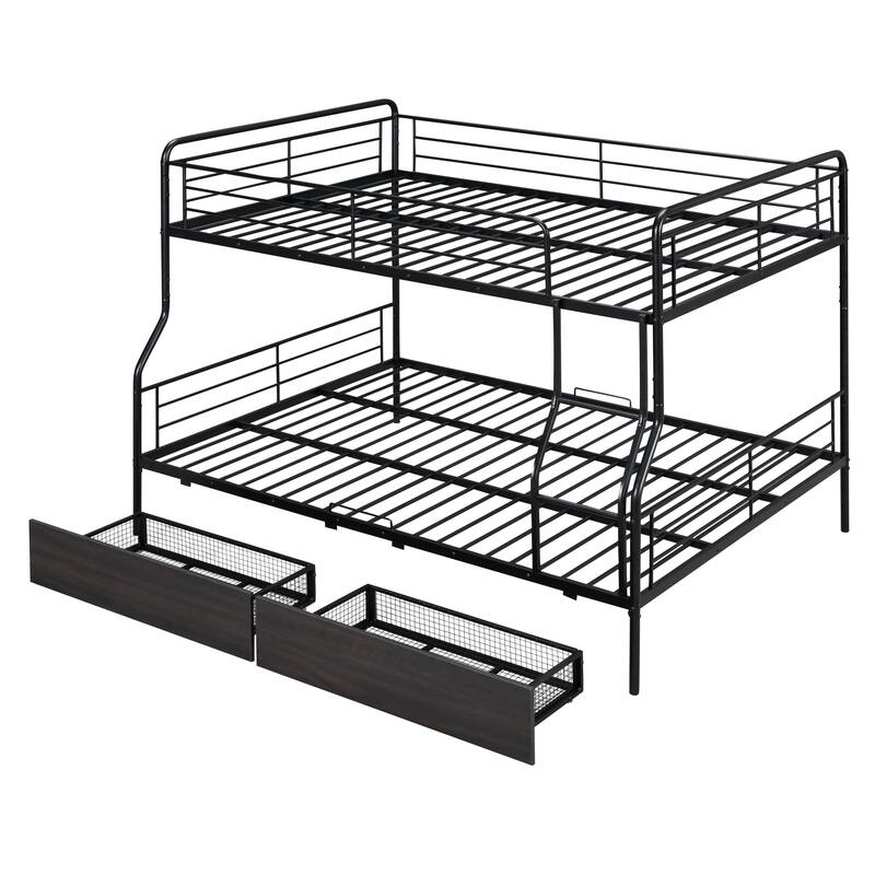 Contemporary Full XL Over Queen Bunk Bed with 2 Storage Drawers, Iron Frame, and Safety Guardrails