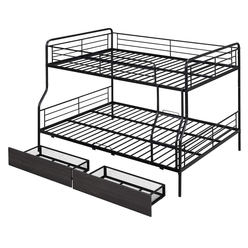 Full XL Over Queen Metal Bunk Bed with 2 Drawers, White