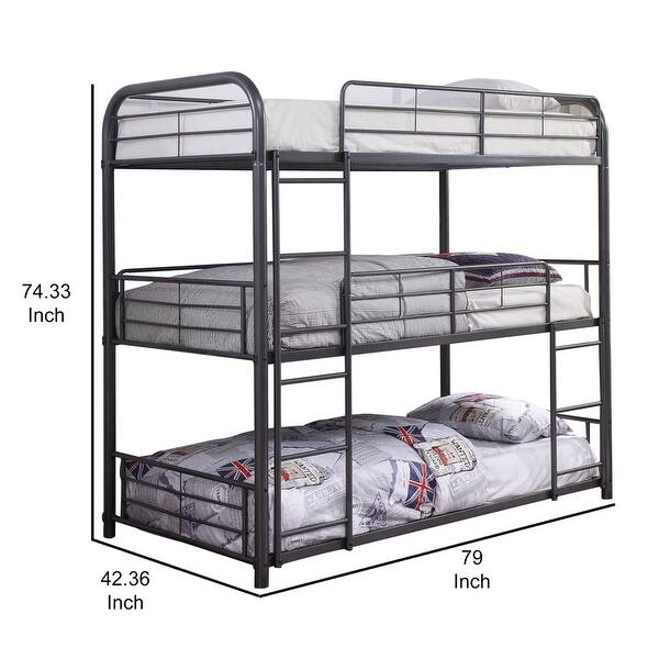 Metal Triple Twin Over Twin Size Bunk Bed With BuiltIn Ladders Gray