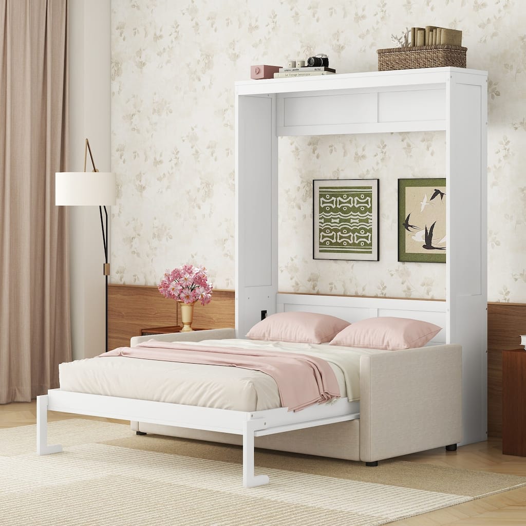 White Queen Size Multifunctional Murphy Bed with Cushion & Storage