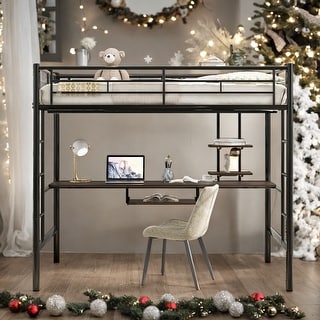 Full Size Loft Bed With Desk And Shelf,Space Saving for Home