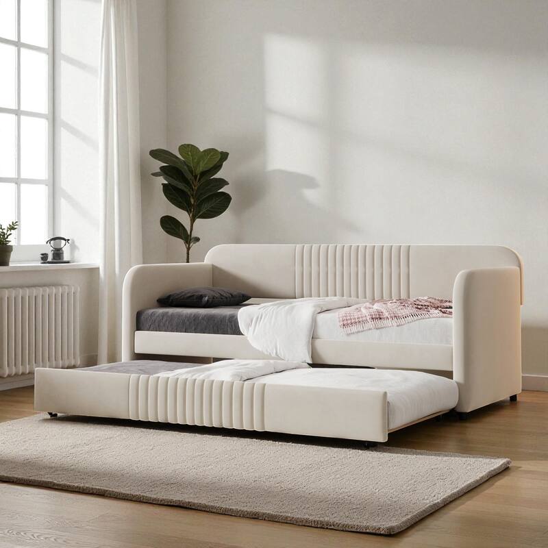 Twin Size Upholstered Daybed with Trundle, Velvet Sofa Bed with Wood Slats, Pull-Out Guest Bed for Bedroom or Living Room