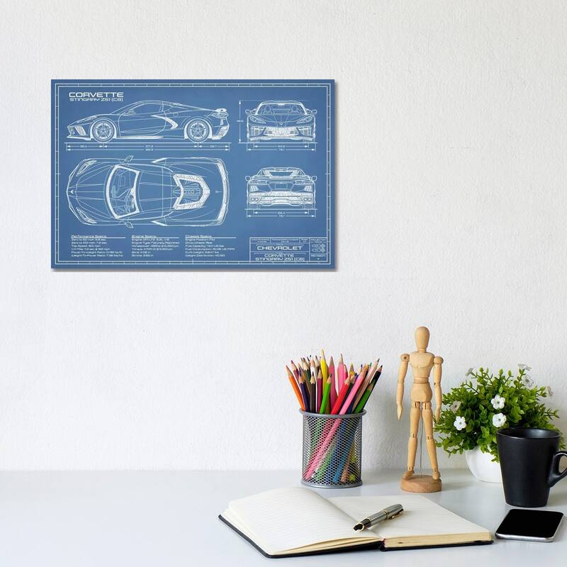 iCanvas "Corvette (C8) Stingray Blueprint" by Action Blueprints Canvas Print - 8x12x0.75