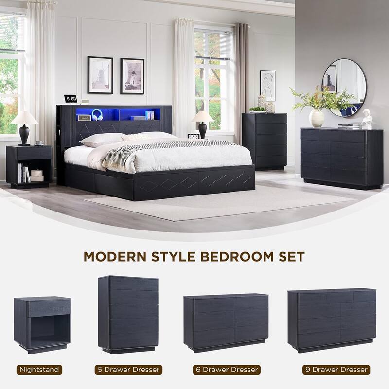 Modern Nightstand with Charging Station, End Table, Wood Beside Table