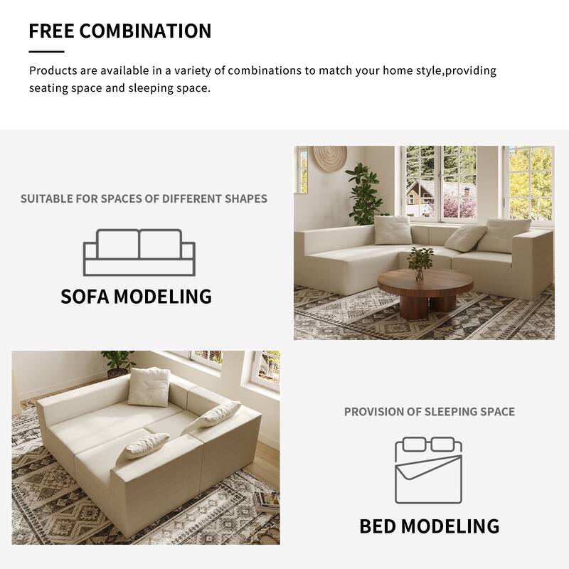 Corduroy Chaise Sectional Couch Convertible into Sleeper Sofa Bed, Deep Seating Modular Compression Sofa for Living Room