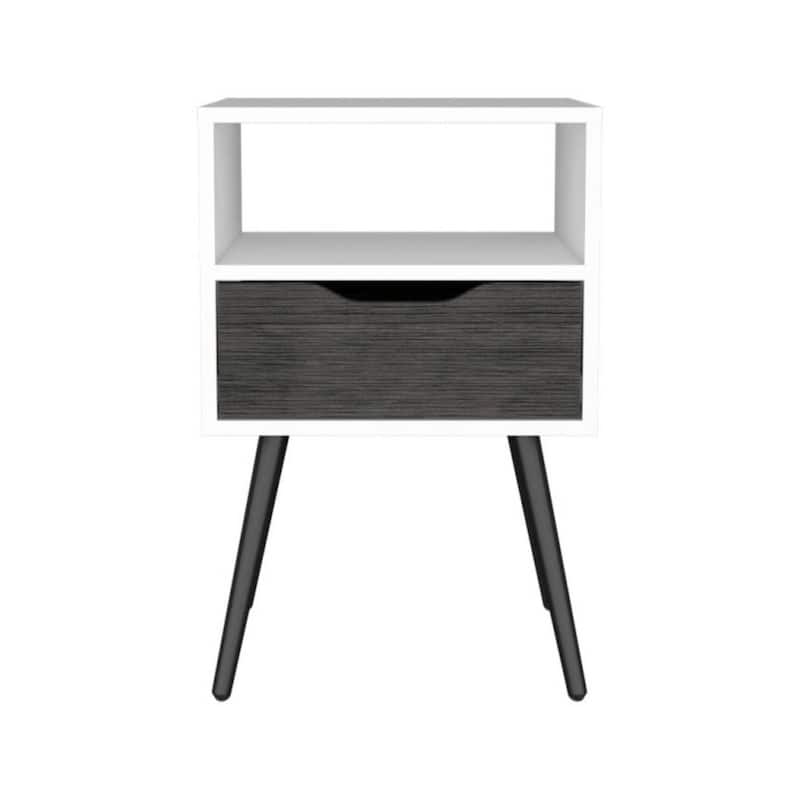 Lugo Nightstand, Smokey Oak-White - Compact Bedside Table with Drawer and Shelf Organizer